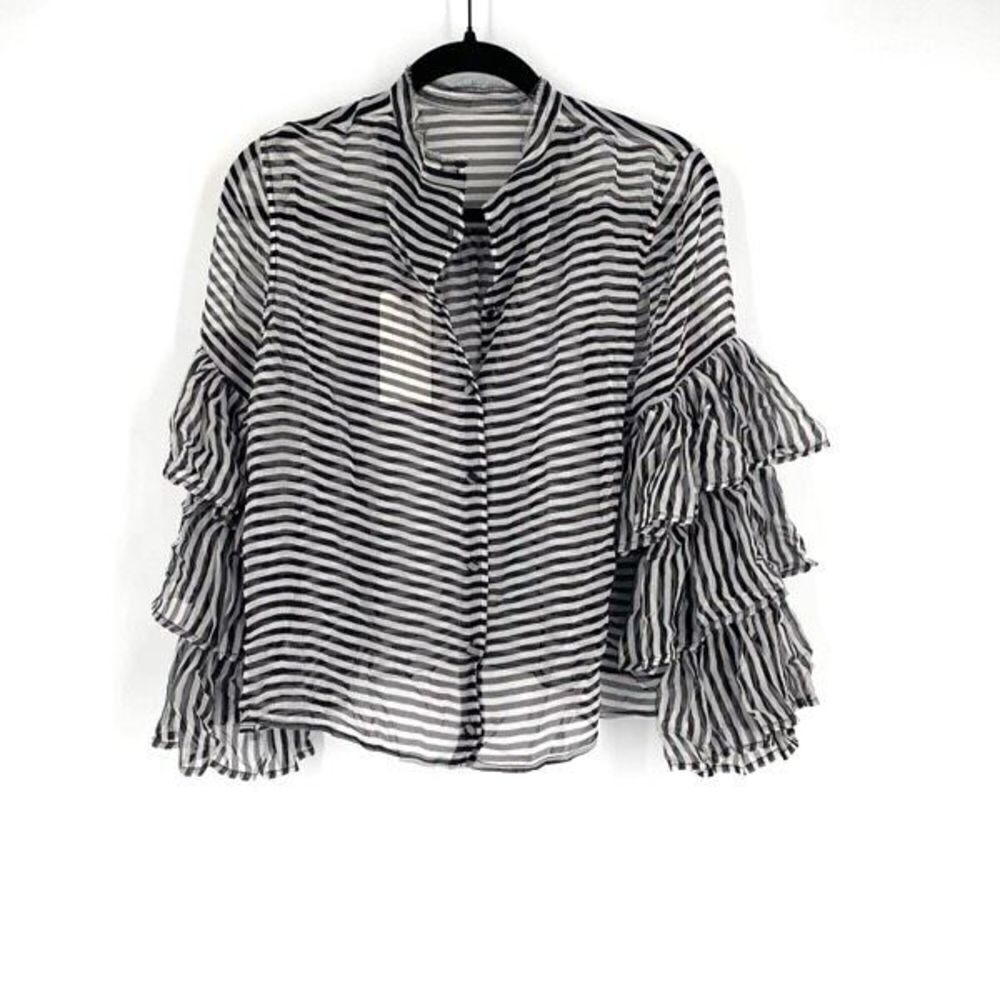 NWT GM Studio Women's Silk Striped Ruffle Sleeve‎ Blouse Black White Size XS